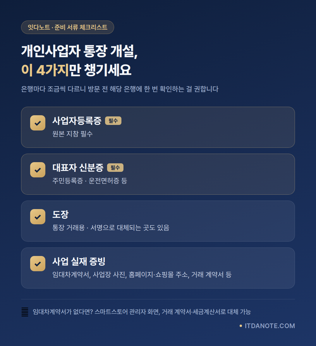 은행 창구 방문 전 챙길 개인사업자 통장 개설 서류 체크리스트 이미지